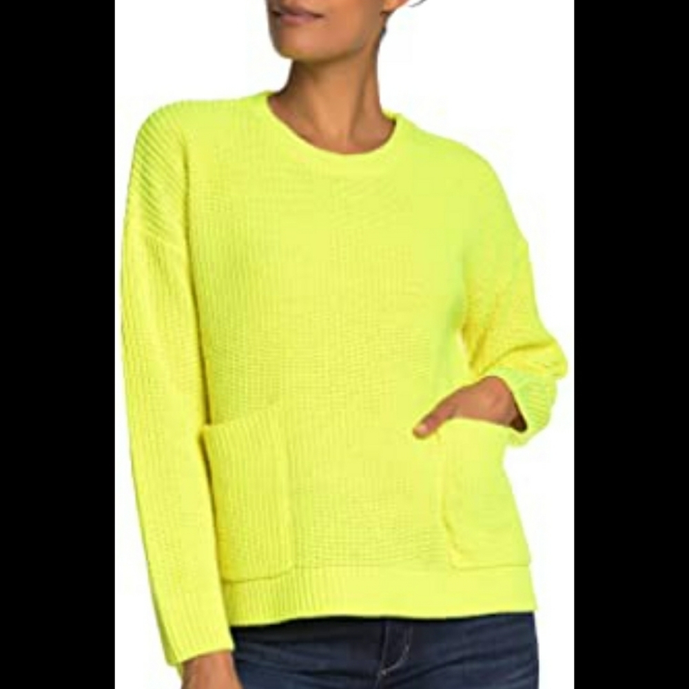 MELLODAY Two Pocket Pullover Crew Neck Sweater in Neon Yellow SZ MEDIUM NWT